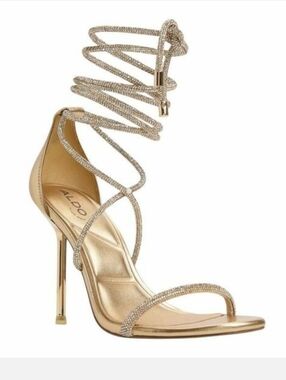 ALDO CALDONIA GOLD RHINESTONE LACE UP GLADIATOR 4" HEELS SIZE 8.5